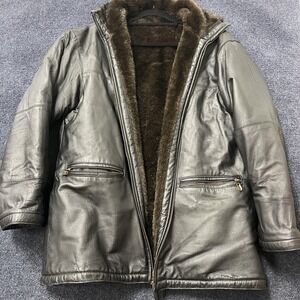 WINLIT Coat Mens Medium Black Leather Hooded Faux Fur Lined Winter Parka